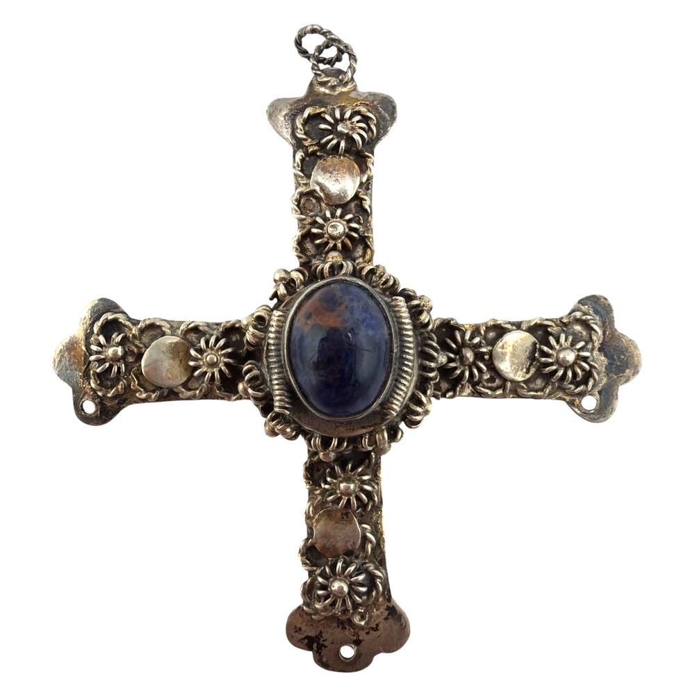 Vintage Ornate Sterling Silver Lapis Lazuli Floral Cross Pendant